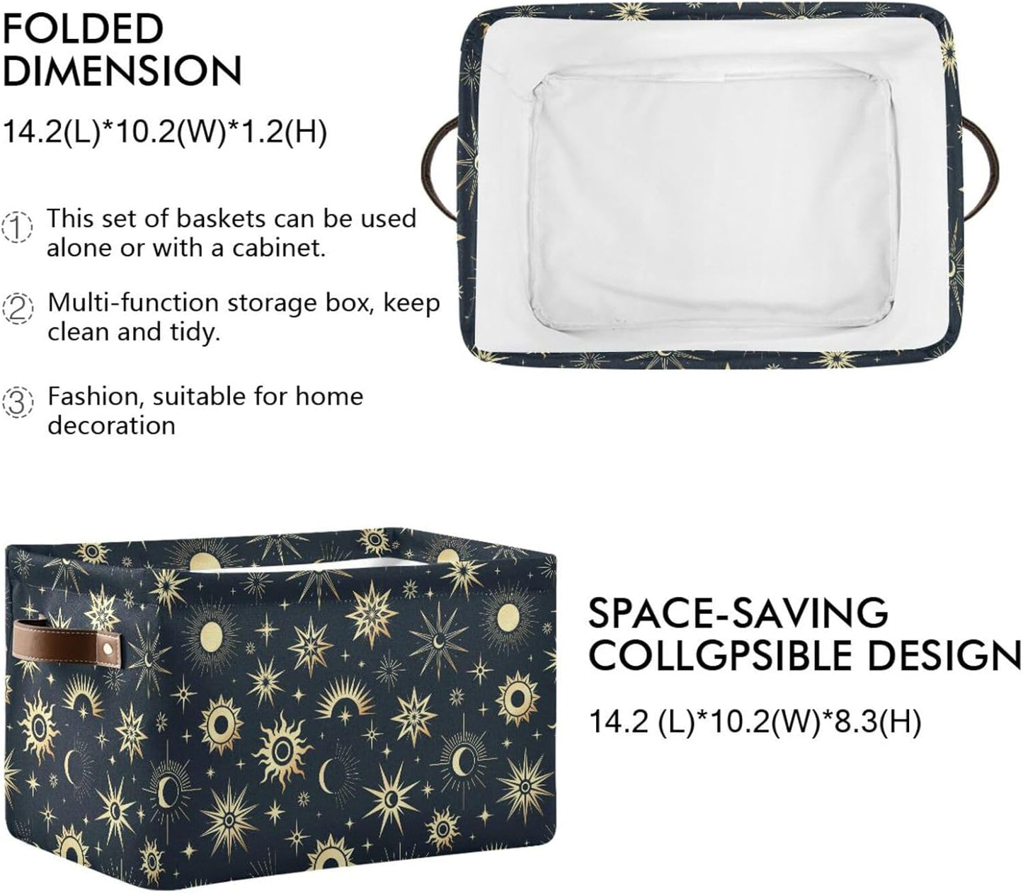Foldable Canvas Storage Basket with Handles, Sun Moon Star Design, Durable Organizer for Nursery Kids Shelves
