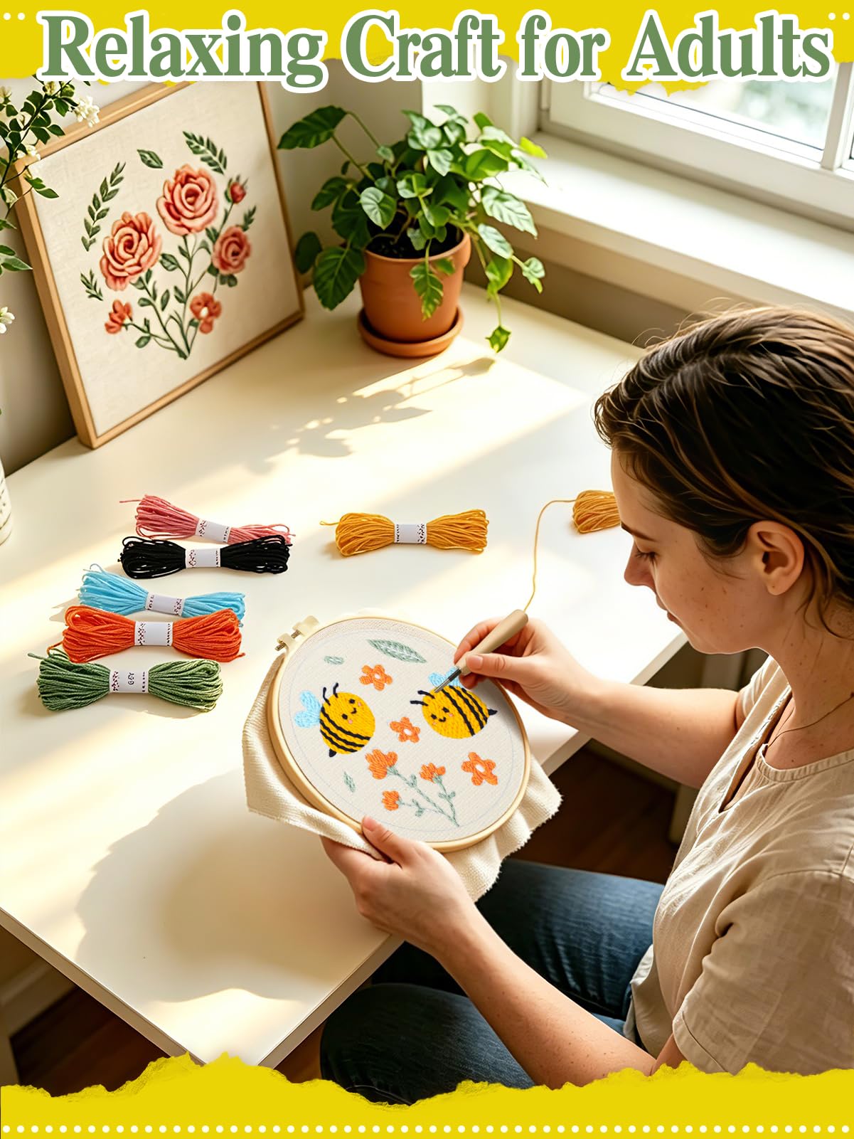 Punch Needle Kit Adults Beginner - Step-by-Step Video & Guide, Includes Hoop/Needle/Yarns/Punch Needle Fabric with Pattern, Spring Embroidery Craft Gifts for Women, Bees