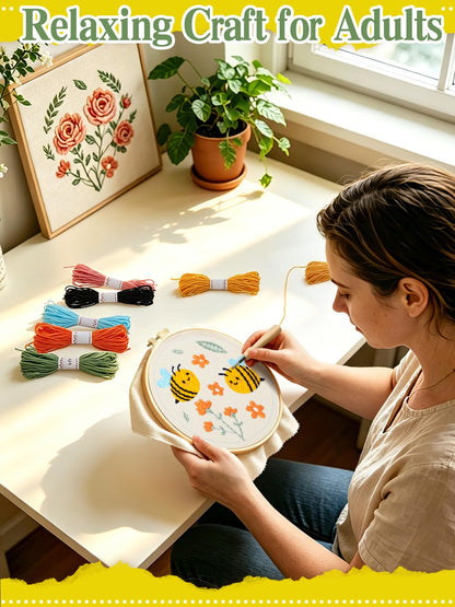 Punch Needle Kit Adults Beginner - Step-by-Step Video & Guide, Includes Hoop/Needle/Yarns/Punch Needle Fabric with Pattern, Spring Embroidery Craft Gifts for Women, Bees