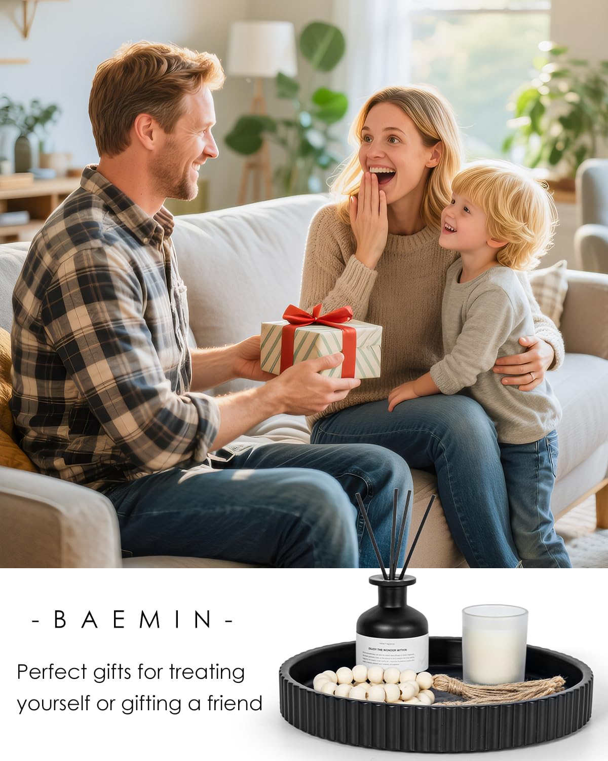 Baemin Concrete Coffee Table Tray, 11" Decorative Tray for Home Decor, Sturdy Modern Centerpiece, Round Serving Tray with Fluted Edge, Black