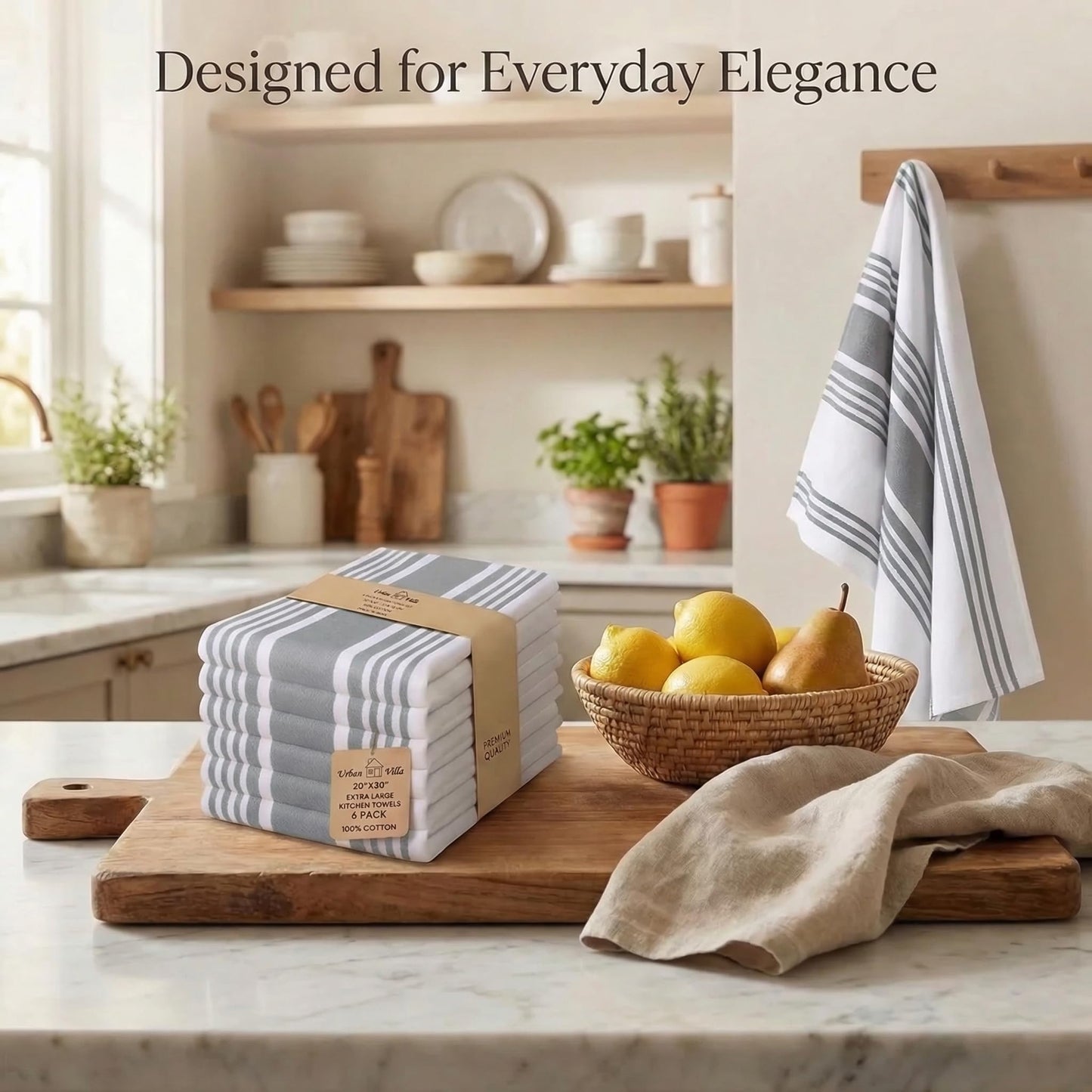 Urban Villa Kitchen Towels 100% Cotton Dish Towels for Kitchen (Set of 6) 20”x30” Dish Cloths Highly Absorbent Kitchen Linen Set with Hanging Loop Perfect for Drying Dishes Cleaning Towels-Grey White
