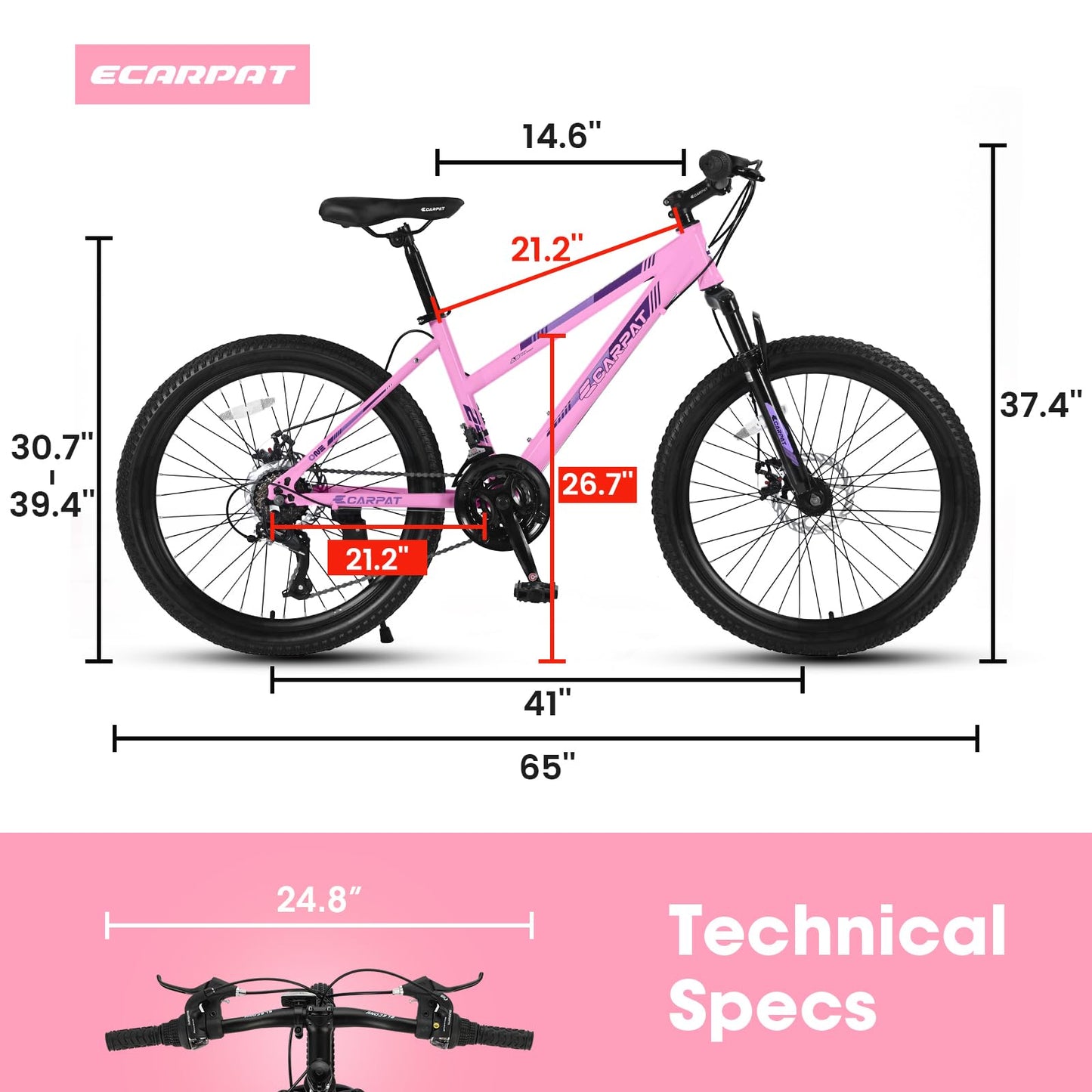 Ecarpat Women's Mountain Bike 24/26 Inch Wheels, 21-Speed Trail Commuter City Mountain Bikes, 15"/17" Carbon Steel Frame Female Bicycles Disc Brakes Front Fork