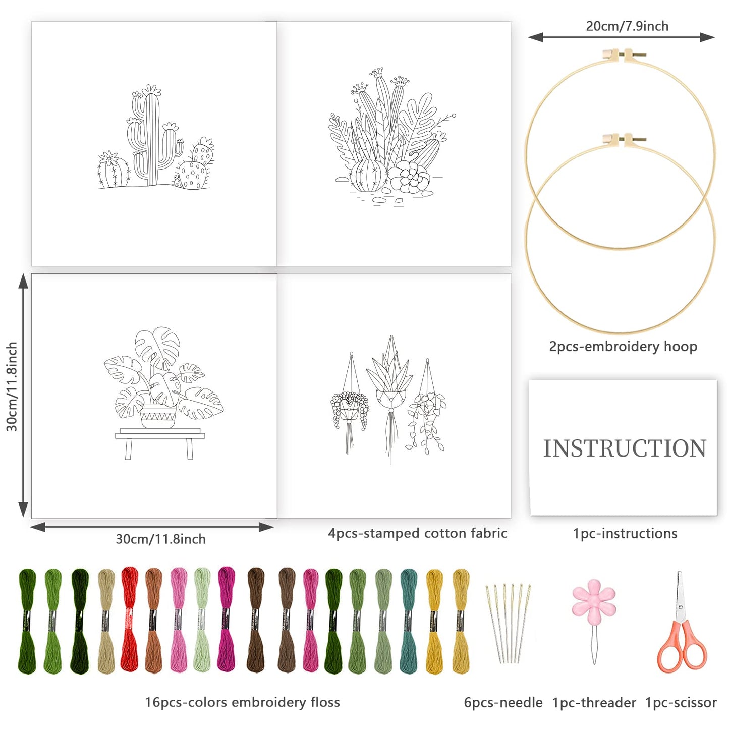 INFUNLY 4 Pack Tropical Plants Embroidery Kit for Beginners Adults Cactus Embroidery Starter Kit Punch Needle Embroidery Kits Palm Leaf Cross Stitch Kits with Patterns Instructions for DIY