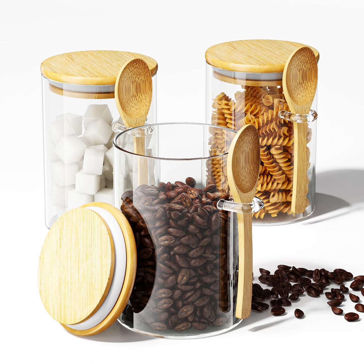 KOIKEY Coffee Sugar Container Salts Jars - 15oz Glass Airtight Caning with Bamboo Lids and Spoons Scoop, Storage Overnight Oats, Spice, Creamer, Food Organizer, Set of 3
