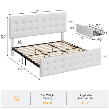 IDEALHOUSE King Size Bed Frame with 4 Storage Drawers and Headboard, Faux Leather Upholstered Platform Bed Frame with Wooden Slats Support, Button Tufted Design, No Box Spring Needed, White