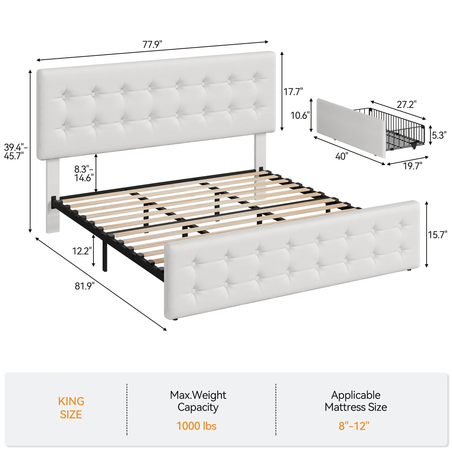 GAOMON King Size Bed Frame with 4 Storage Drawers and Headboard, Faux Leather Upholstered Platform Bed Frame with Wooden Slats Support, Button Tufted Design, No Box Spring Needed, White