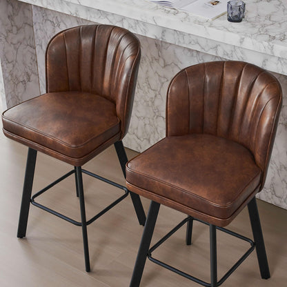 SAECKBERG Swivel Counter Height Bar Stools Set of 3, 26'' Modern Barstools with Backs and Metal Legs, Upholstered Bar Chairs, Faux Leather Brown Stools for Kitchen Island Chairs