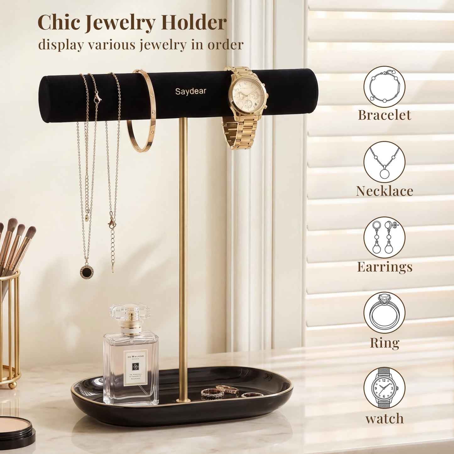 Saydear Velvet Jewelry Organizer Stand, T-Bar Necklace Holder with Ceramic Ring Dish Tray, Watch & Bracelet Display Organizer for Vanity, Dresser, Nightstand, Luxury Gift for Women Black