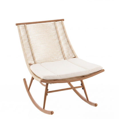 Christopher Knight Home Levi Arc Rocking Chair & Wooden Slat Side Table Set, PE Rattan+Iron Rocker Chair Set with Cushion, 2 Piece Patio Furniture Set with Cross-Stretcher End Table, Brown+Beige+Teak