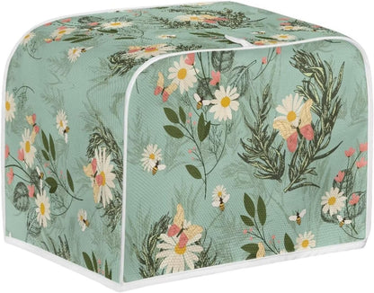 Toaster Dust Cover 4 Slice, Stain Resistant Kitchen Appliance Cover with Top Handle, Daisy Bee Leaf Blue