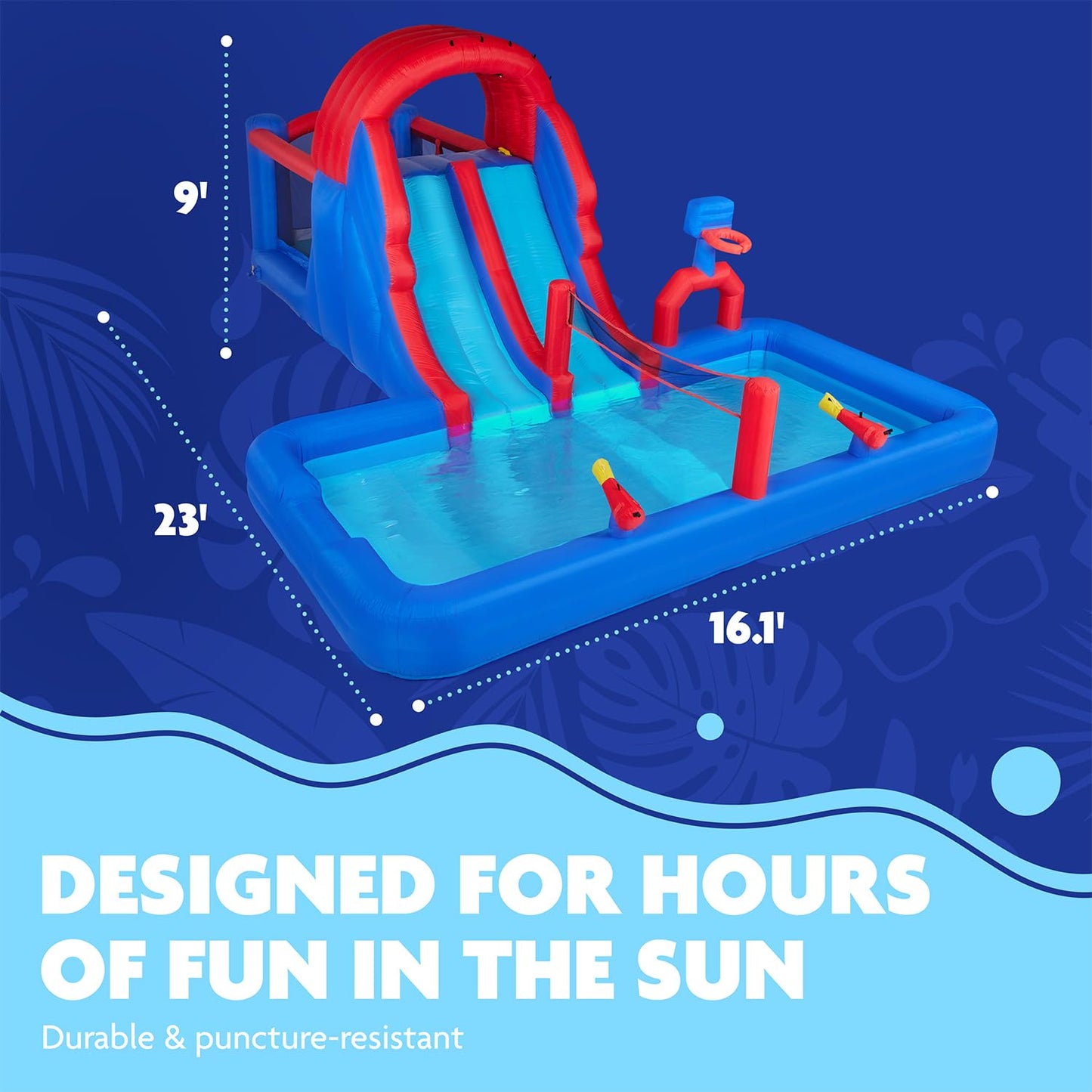 Sunny & Fun Ultra All-Play Inflatable Water Slide Park – Heavy-Duty for Outdoor Fun - Climbing Wall, Slides, Bounce House, Volley Net, Hoop, Deep Pool – Inflate w/Included Air Pump & Carrying Case
