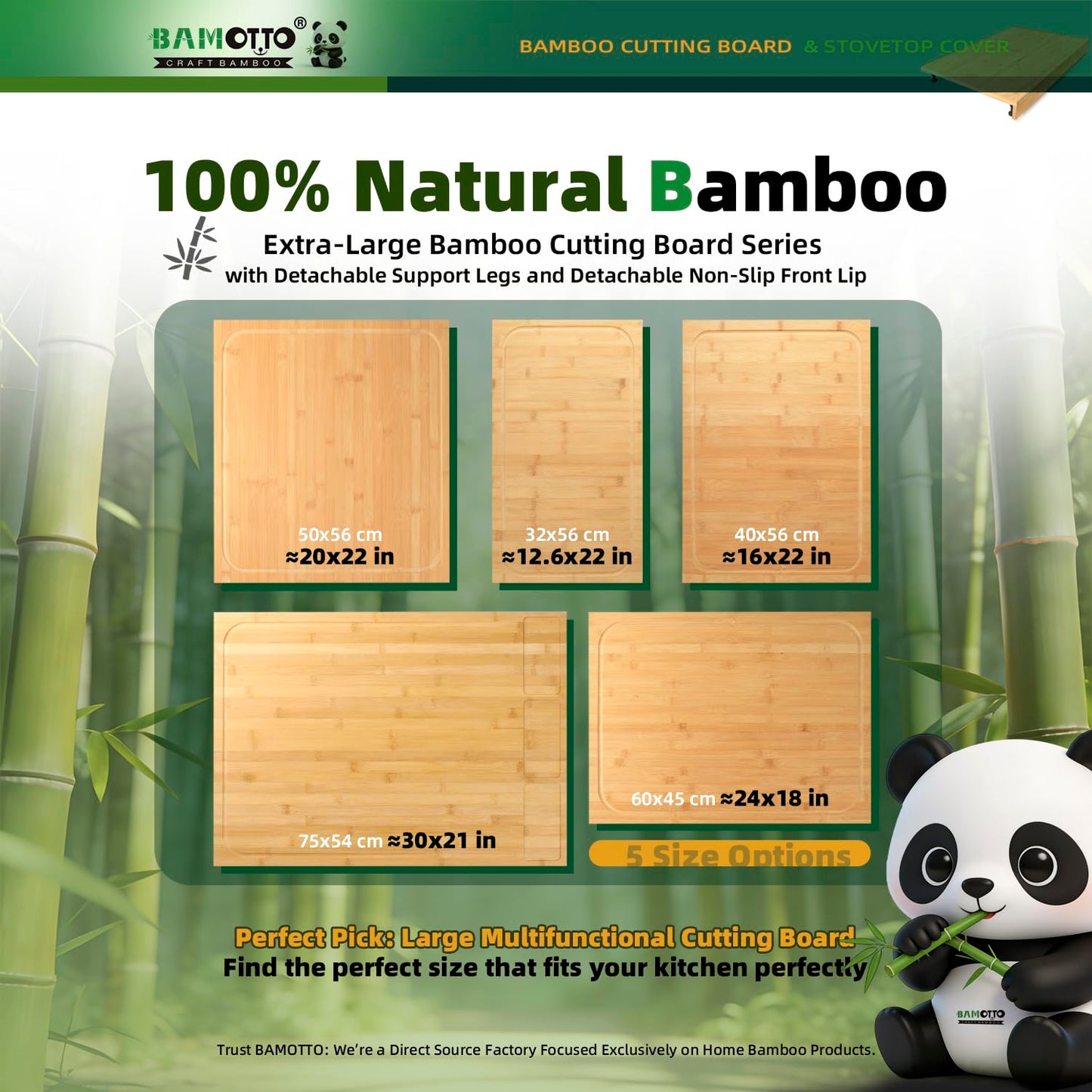 BAMOTTO CRAFTBAMBOO 24 x 18 Inch Large Bamboo Cutting Board and Stovetop Cover, Over-the-Sink Board with Detachable Support Legs & Secure Front Lip, Carving and Pasta Board