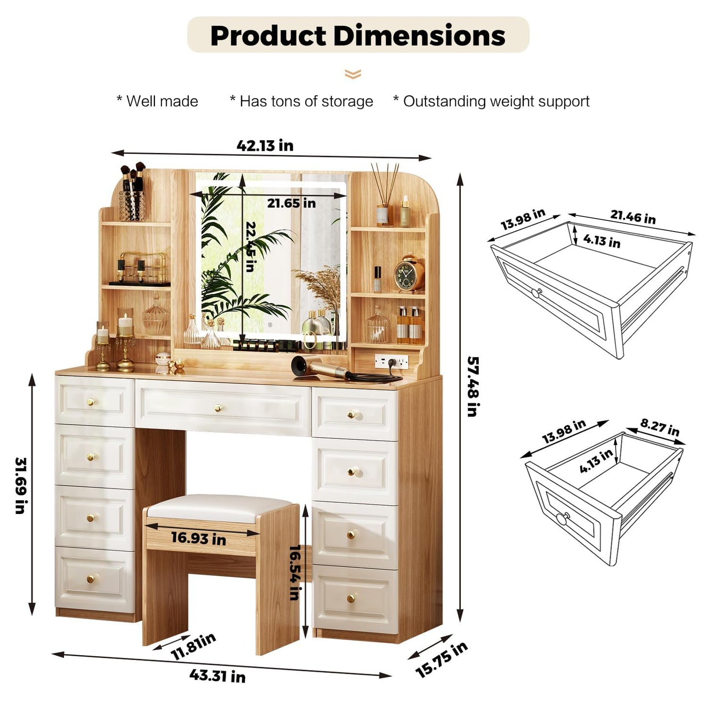 Arulvmrn 43" Makeup Vanity Desk with Mirror and Lights, & Power Outl, Glass Top Big Vanity Table with 9 Drawers& 8 Storage Shelves, Dressing Table Set with Chair for Bedroom, Oak