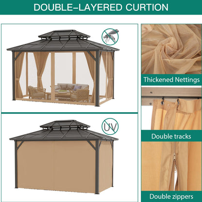 GAOMON 10'x12' Hardtop Gazebo, Outdoor Polycarbonate Double Roof Canopy, Aluminum Frame Permanent Pavilion with Curtains and Netting, Sunshade for Garden, Patio, Lawns