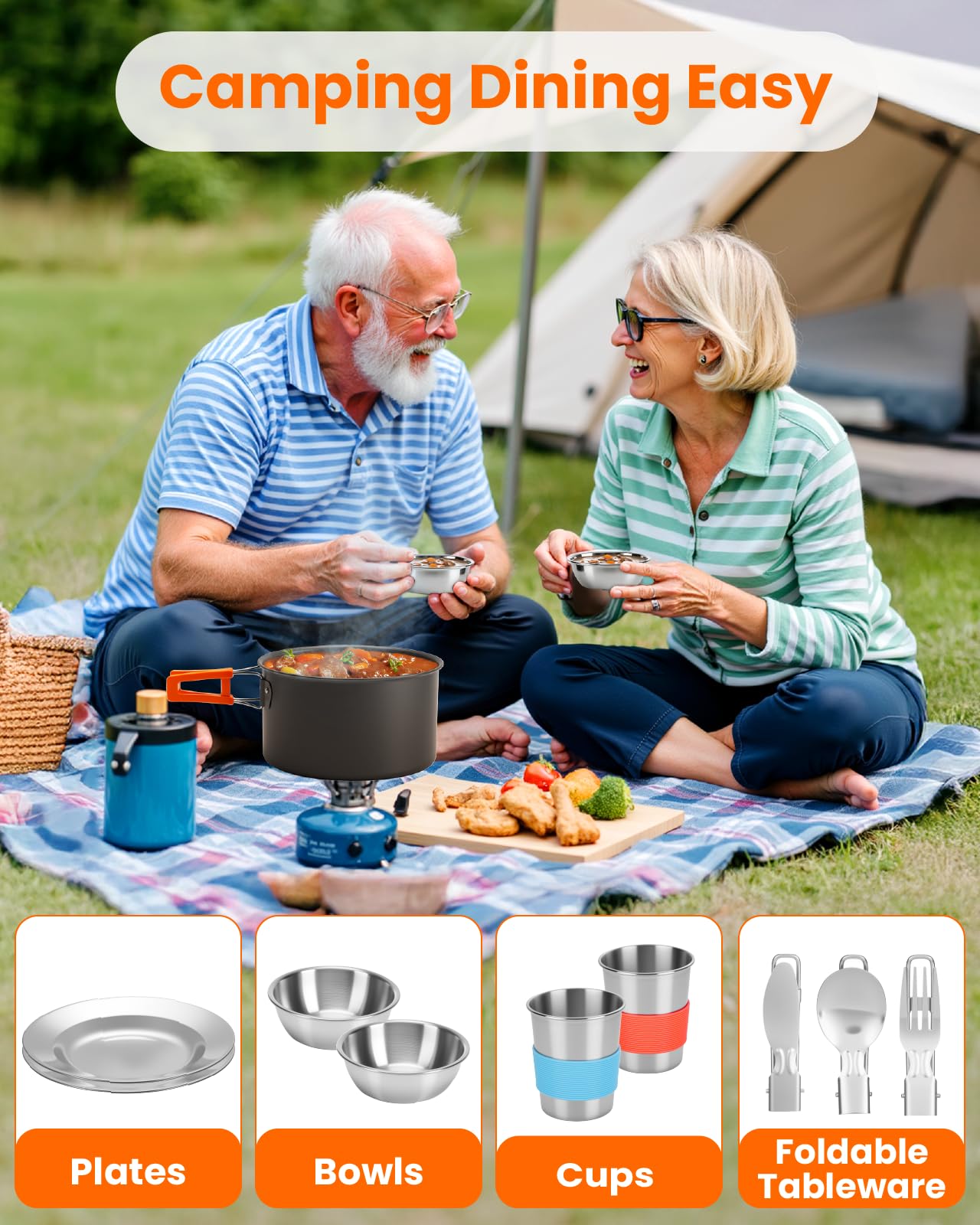 Fitense 21Pcs Camping Cookware Mess Kit for 2, Lightweight Camping Kitchen Pots and Pans Set, Portable Cooking Essentials for Backpacking, Hiking and Picnic