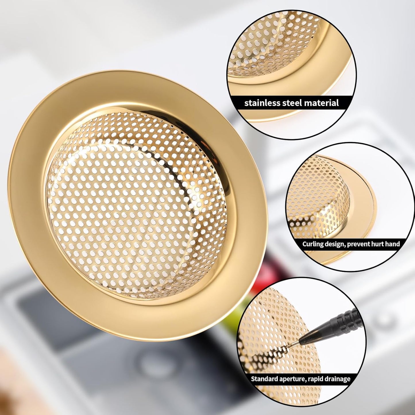 RQYEKDO Kitchen Sink Strainers Sink Stopper Kits, Stainless Steel Sink Drain Strainer Set, Large Wide Rim 4.4" Diameter Food Catcher Garbage Disposal Plug for Most Sink Drains Basket Filter (Gold)
