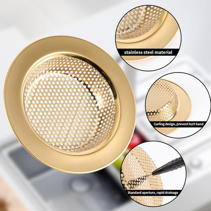 RQYEKDO Kitchen Sink Strainers Sink Stopper Kits, Stainless Steel Sink Drain Strainer Set, Large Wide Rim 4.4" Diameter Food Catcher Garbage Disposal Plug for Most Sink Drains Basket Filter (Gold)