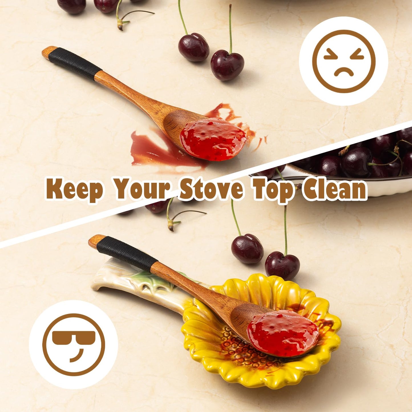 2 Pack Spoon Rest for Stove Top, Sunflower Ceramic Spoon Holder for Kitchen Counter Cooking Utensil Ladle Spatula Holder Cute Spoon Rest Sunflower Kitchen Decor Items House Warming Birthday Gift