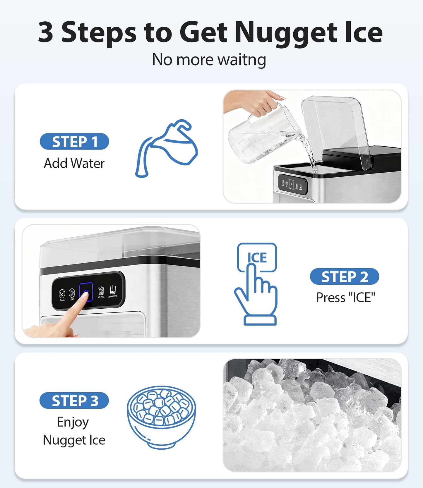 SenCre Nugget Ice Maker 40lbs/Day, Countertop Ice Maker Soft Chewable Ice, Ice Makers One-Click & Self-Cleaning, Crushed Pellet Ice Machine with Scoop&Basket for Home/Kitchen/Office, Stainless Silver