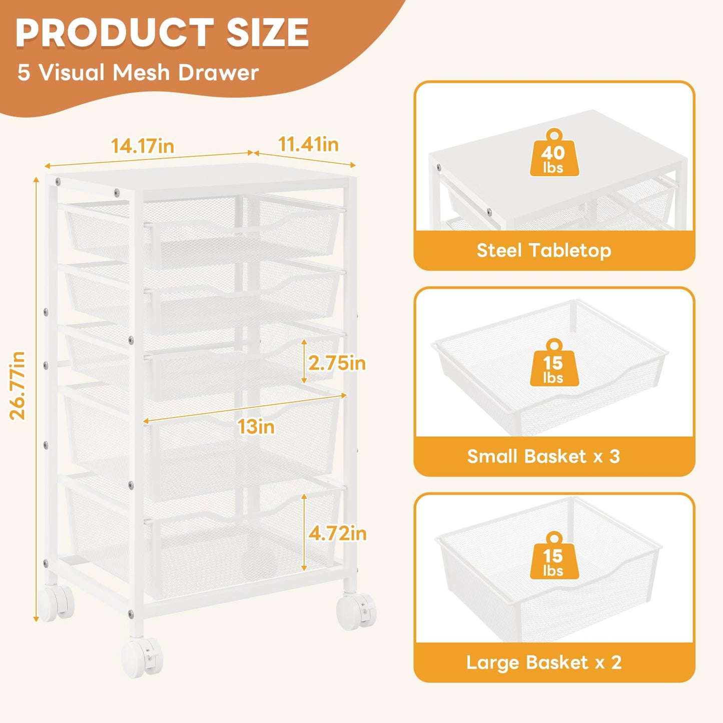 Sbanmao Rolling Storage Cart with 5 Drawers, Metal Utility Cart with Lockable Wheels, Craft Storage Art Cart, Rolling Drawer Cart for Living Room, Bedroom, Bathroom, Office, Home, White