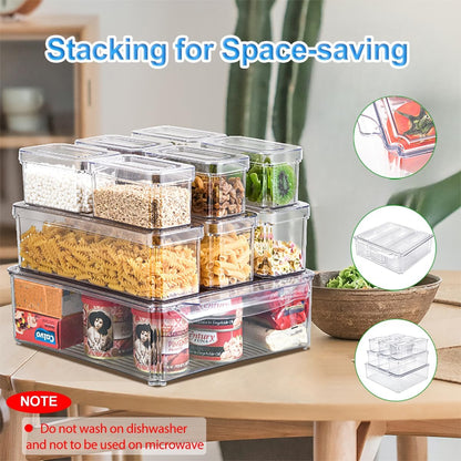 KUMD 10-Pack Clear Fridge Organizer Bins with Lids, Stackable Refrigerator Storage Containers, BPA-Free with Drain Tray & Anti-Slip Base for Fruits, Veggies, Drinks