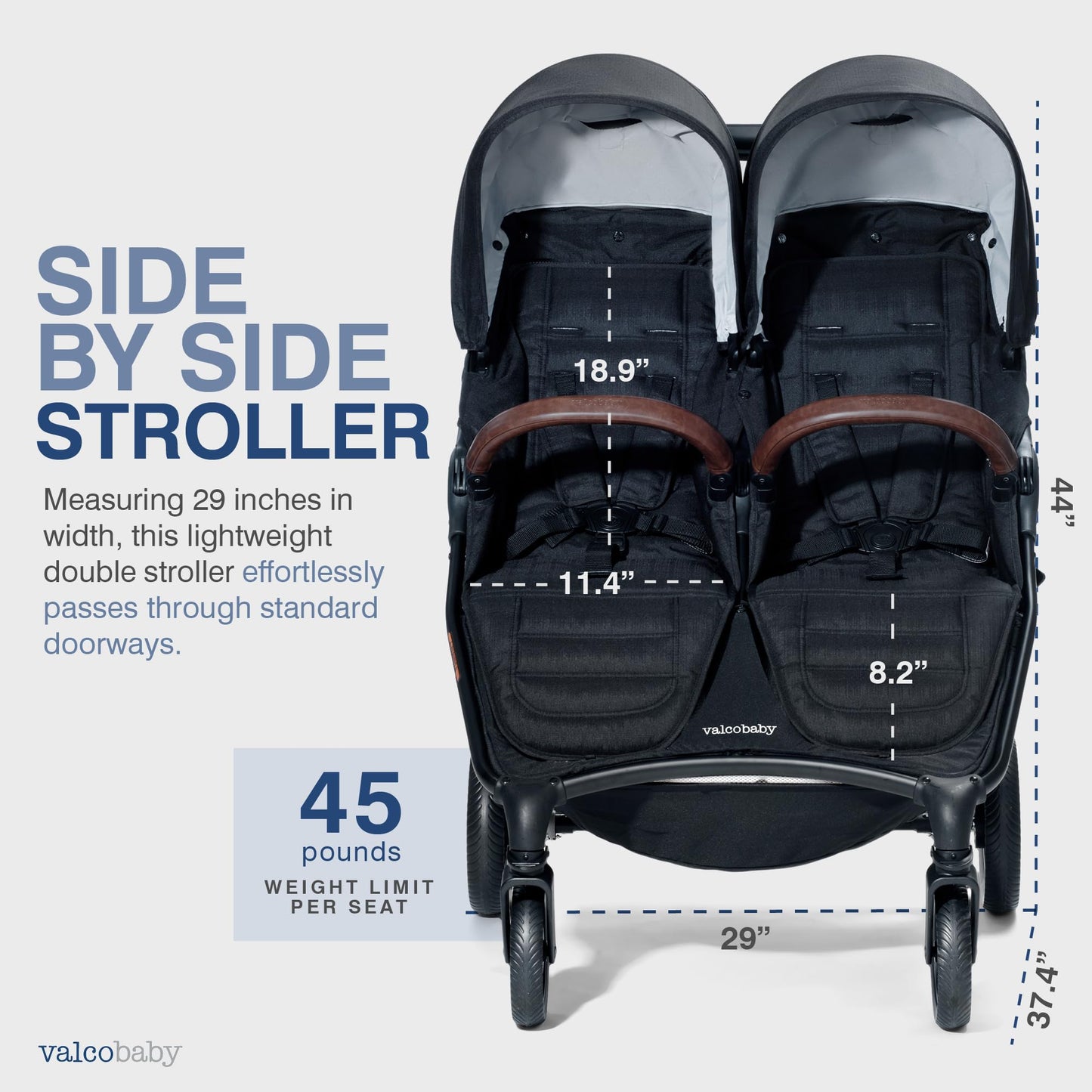 Valco Baby - Trend Duo Double - Side by Side Double Stroller for Newborn and Toddler - Easy Compact Fold, Multi-Position Recline, Large Canopy Infant Twin Stroller 2025 (Night Black)