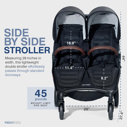 Valco Baby - Trend Duo Double - Side by Side Double Stroller for Newborn and Toddler - Easy Compact Fold, Multi-Position Recline, Large Canopy Infant Twin Stroller 2025 (Night Black)