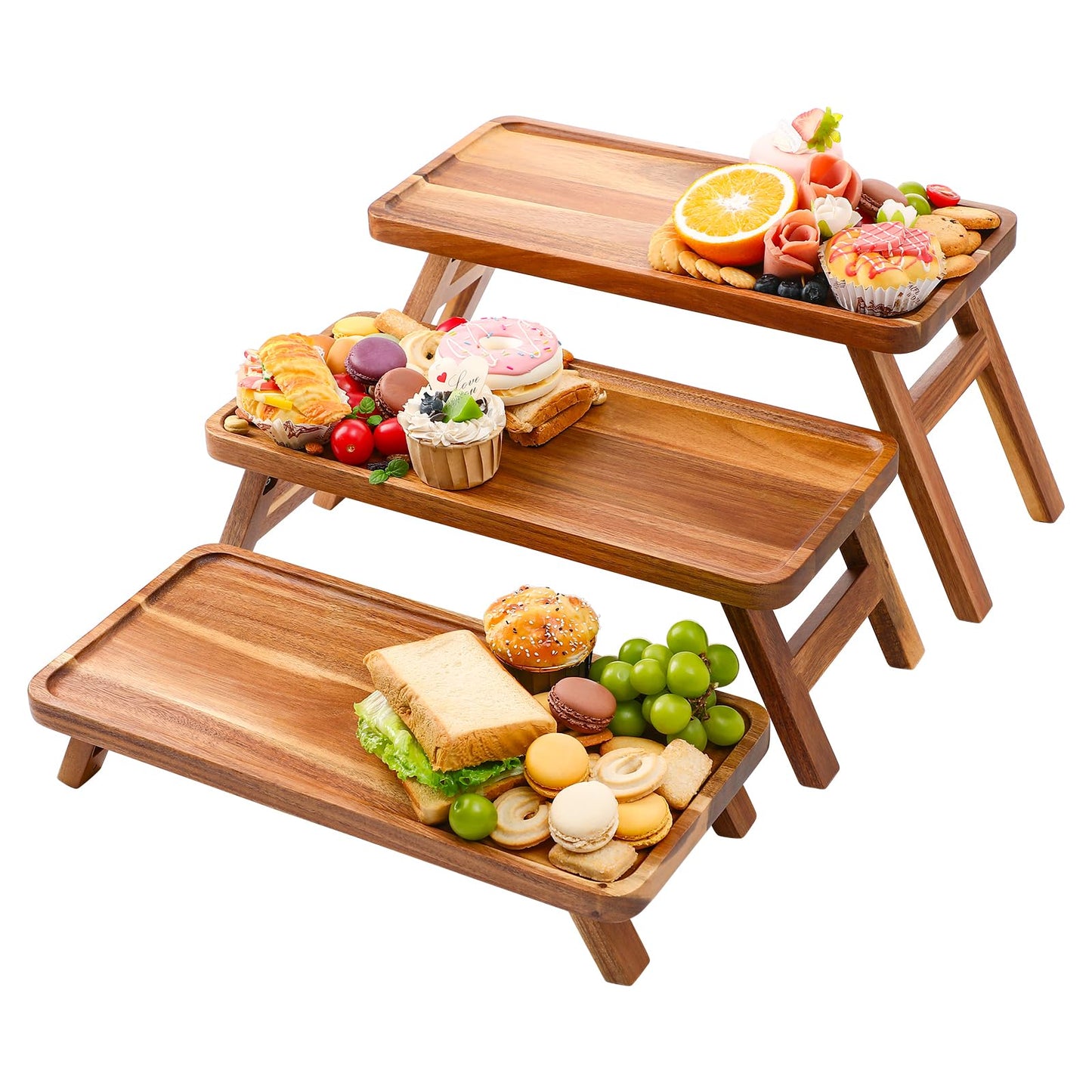 3 Tiered Serving Tray 17 Inch Wooden Cupcake Stand Foldable Dessert Table Display Set Decor Charcuterie Boards Rustic Wood Platters Trays for Party Food Display