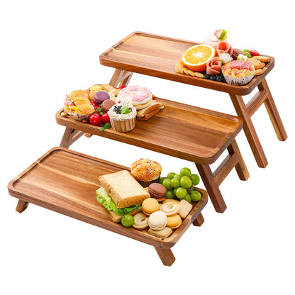 3 Tiered Serving Tray 17 Inch Wooden Cupcake Stand Foldable Dessert Table Display Set Decor Charcuterie Boards Rustic Wood Platters Trays for Party Food Display