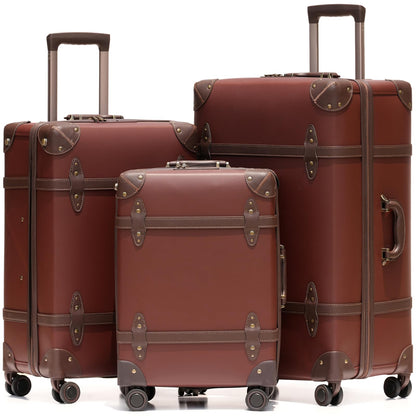 NZBZ Vintage Luggage Sets for Women, PU Leather Retro Suitcase, Vintage Trunk Luggage, Vintage Suitcase Set (Caramel Brown, 20", 24" & 28")