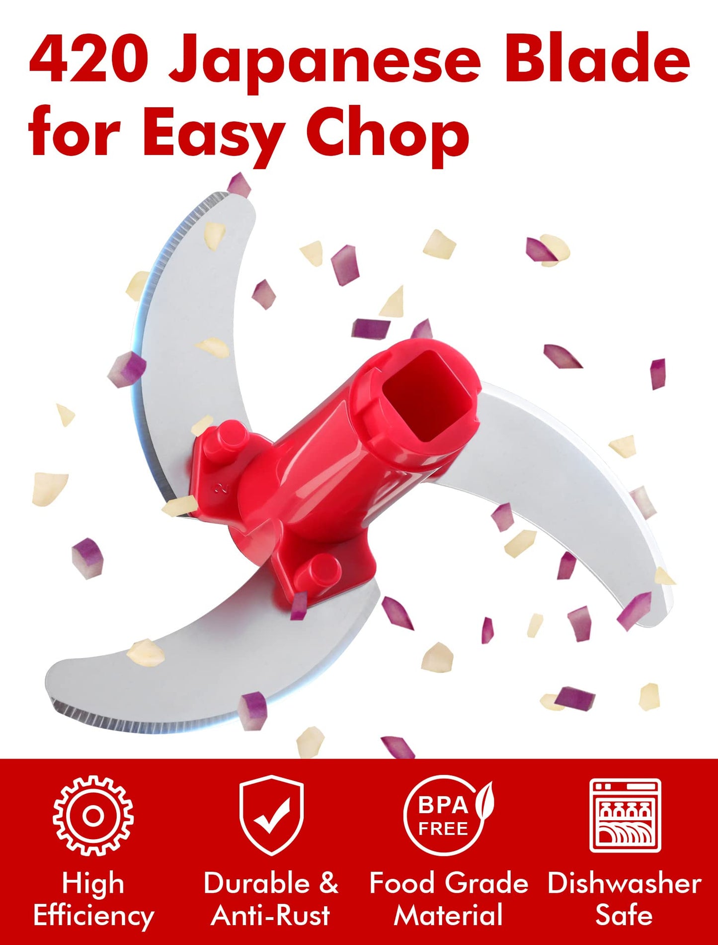 GDL Food Chopper, Pull Onion Chopper Dicer, Hand Powered Food Mincer, Fast Cutting Hand Chopper for Oinon, Garlic, Nut, 3.4 Cups 0.8L, Red