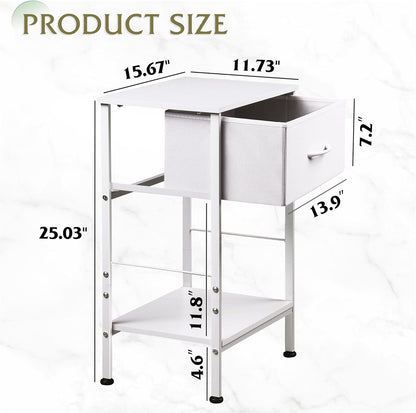 25.03" WLIVE White Nightstand, Night Stand with Fabric Storage Drawer and Open Wood Shelf, Small End Side Table