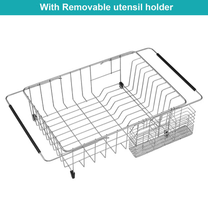 iPEGTOP Expandable Dish Drying Rack Over Sink, Rustproof Stainless Steel Basket Shelf, Multifunctional Dish Drainer Organizer with Utensil Cutlery Holder