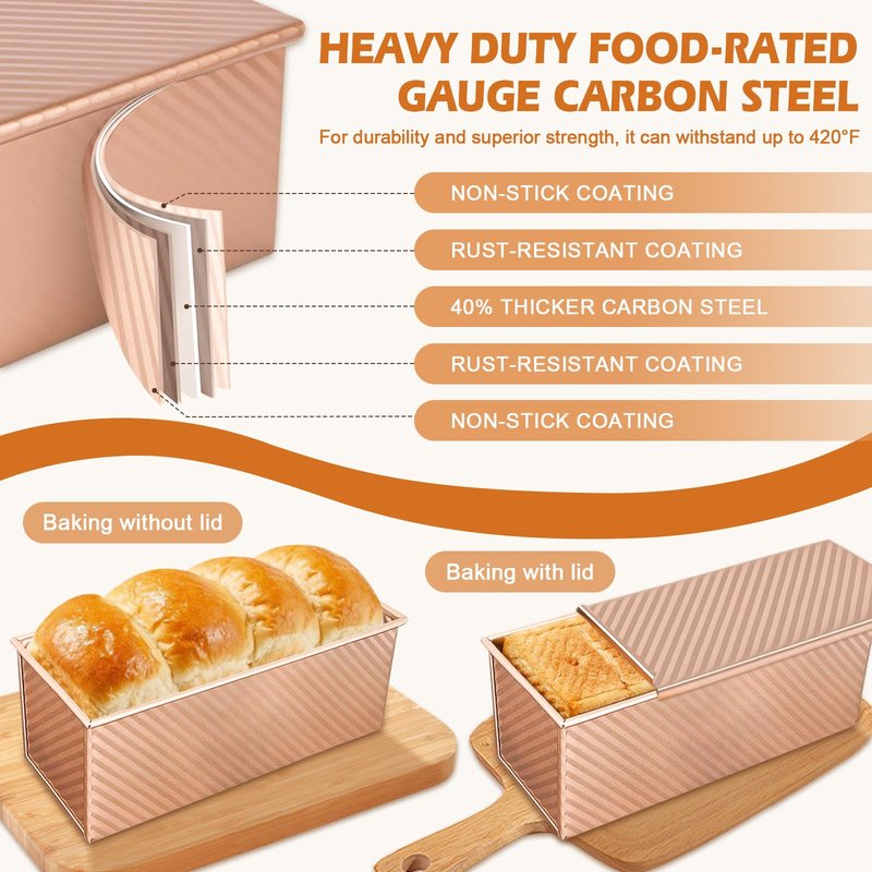 Dipanist 2Pack Large Bread Pan with Lids – 2.2LB Dough Capacity, Non-Stick Carbon Steel Bread Pans for Homemade Sandwich and Sourdough Bread, Corrugated Toast Mold(Gold)
