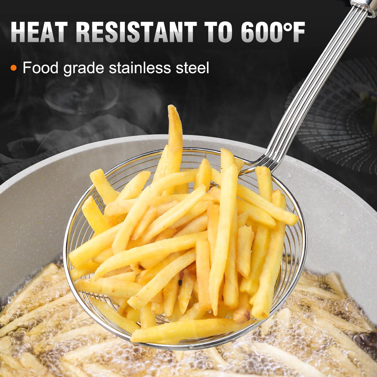 Walfos Spider Strainer, Set of 2-5.5 Inch Stainless Steel Fryer Scoop & 4 inch Fat Skimmer Spoon, Kitchen Spider Skimmer Strainer With Handle, For Cooking Deep Fryer, Pasta, Egg,Fat