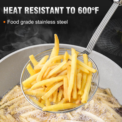Walfos Spider Strainer, Set of 2-5.5 Inch Stainless Steel Fryer Scoop & 4 inch Fat Skimmer Spoon, Kitchen Spider Skimmer Strainer With Handle, For Cooking Deep Fryer, Pasta, Egg,Fat