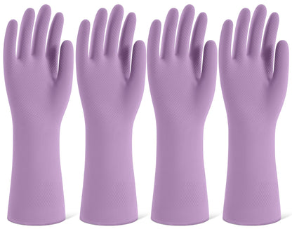 Rubber Cleaning Gloves for Dishwashing, 4 Pairs Reusable Kitchen Gloves for Washing Dishes and Household Cleaning, Purple Dish Gloves with Flocked Lining and Non-Slip Grip, Pefect for Woman Men - S