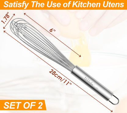Webake 11" Stainless Steel French Whisk French Whip for Professional or Home, 304 Metal Whisk Set of 2