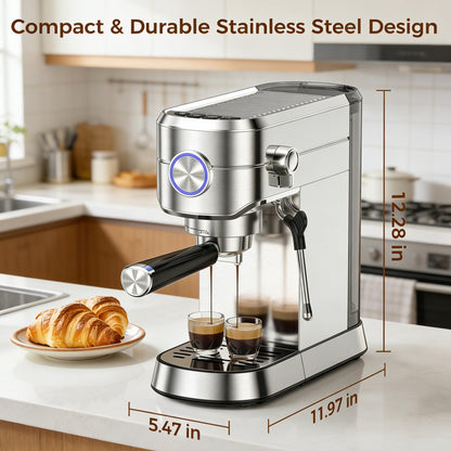 Electactic Espresso Machine 20 Bar, Compact Espresso Coffee Maker with Steam Milk Frother, Stainless Steel Coffee Machine with 34oz Removable Water Tank for Cappuccino, Latte