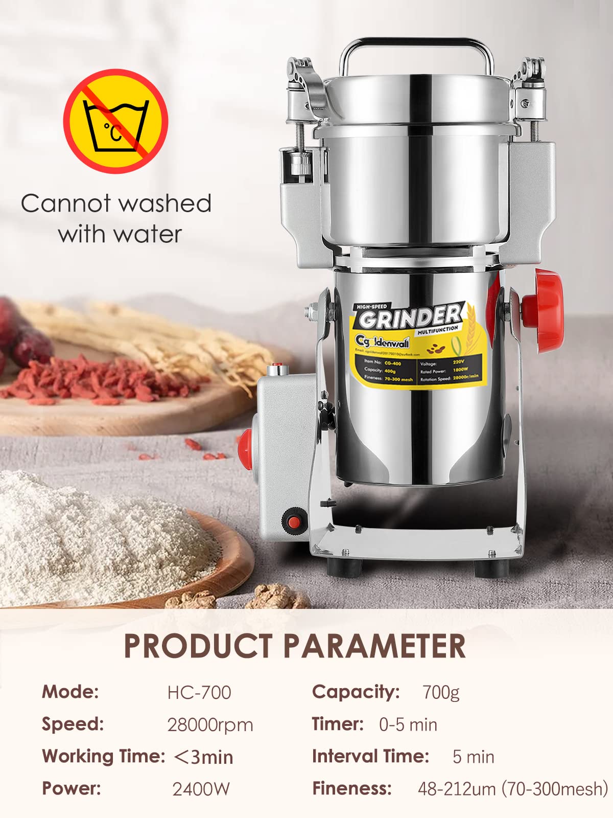CGOLDENWALL 700g Electric Grain Grinder Mill Safety Upgraded 2400W High-speed Spice Herb Grinder Commercial Superfine Grinding Machine Dry Cereals Pulverizer CE 110V (700g Swing Type)