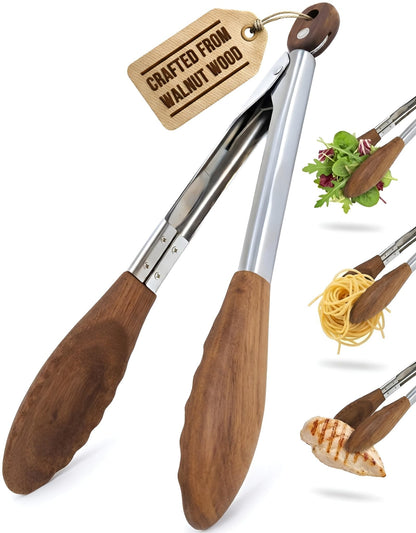 Boxiki Kitchen Wooden Tongs for Cooking - Nonstick Kitchen Salad Tongs for Serving Food, Grilling, Cooking, BBQ and Tossing Salad - Made of Natural Walnut Wood, Size 12-inch