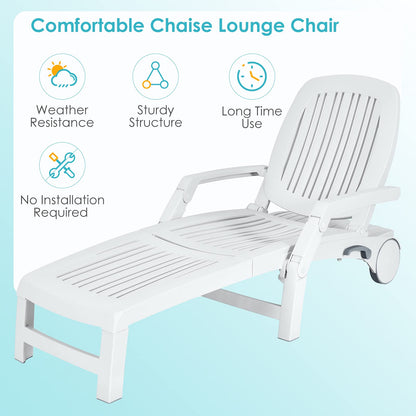 Tangkula Outdoor Chaise Lounge Chair, 5-Position Adjustable Recliner with Storage Box and Flexible Wheels, All-Weather Folding Patio Lounge Chair for Poolside, Beach and Backyard (2, White)