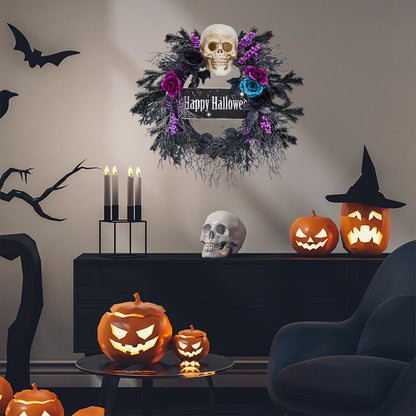 22 in Halloween Wreath for Front Door, Halloween Skull Wreath with Lights, Spooky Halloween Wreaths with Black, Blue, Purple Flowers, Indoor/Covered Outdoor Halloween Props Decoration