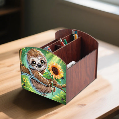 AiYuanzsh Diamond Painting Wooden Desk Organizer, Sloth with Sunflower Design DIY Diamond Art Storage Box for Tabletop Decoration, Crystal Rhinestones Art Desktop Ornament Kit for Adults