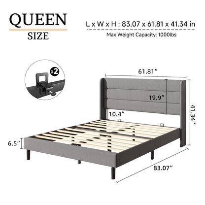 Mxhtcewz Queen Size Upholstered Platform Bed Frame, Modern Linen Fabric Bed with Wingback Headboard, Sturdy No Wobble, Noise-Free & Easy Assembly, No Box Spring Needed, Gray