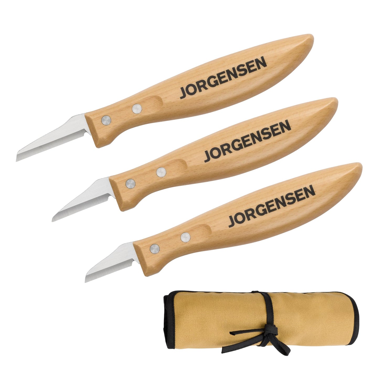 Jorgensen 3-Piece Wood Carving Tools, Stainless Steel Whittling Knife Set with Canvas Pouch, Protective Blade Cover, Ergonomic Curved Handle - Professional Wood Carving Kit for Beginners