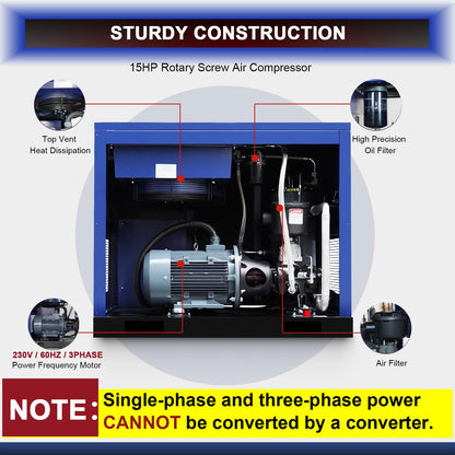15HP Rotary Screw Air Compressor, 56 CFM, 125PSI, 230V 3PHASE 60HZ, Fixed Speed Compressor, Industrial-Grade, Heavy Duty Air Compressed System