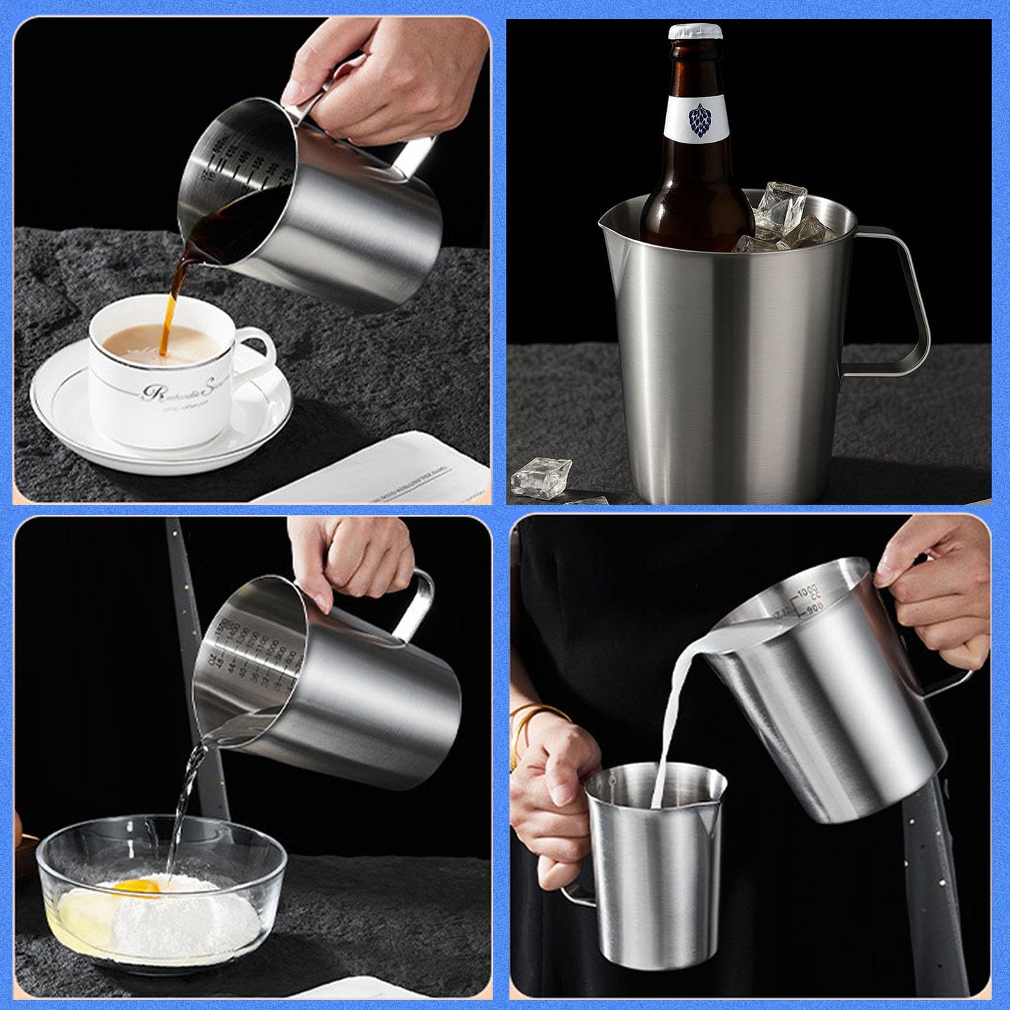 Stainless Steel Measuring Pitcher with Lid, 32 oz / 1L Large Metal Jug with Handle & Dual Scales, Wide Mouth Graduated Cup for Milk Frothing, Iced Tea, Espresso, Hot & Cold Water