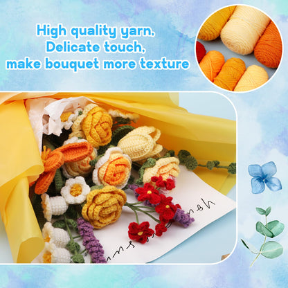 Iuuidu Crochet Kit for Beginners, Flower Bouquet Crochet Kit Rose, Knitting Starter Kit with Crochet Yarn and Step-by-Step Instructions for Birthday, Wedding Anniversary Day Present