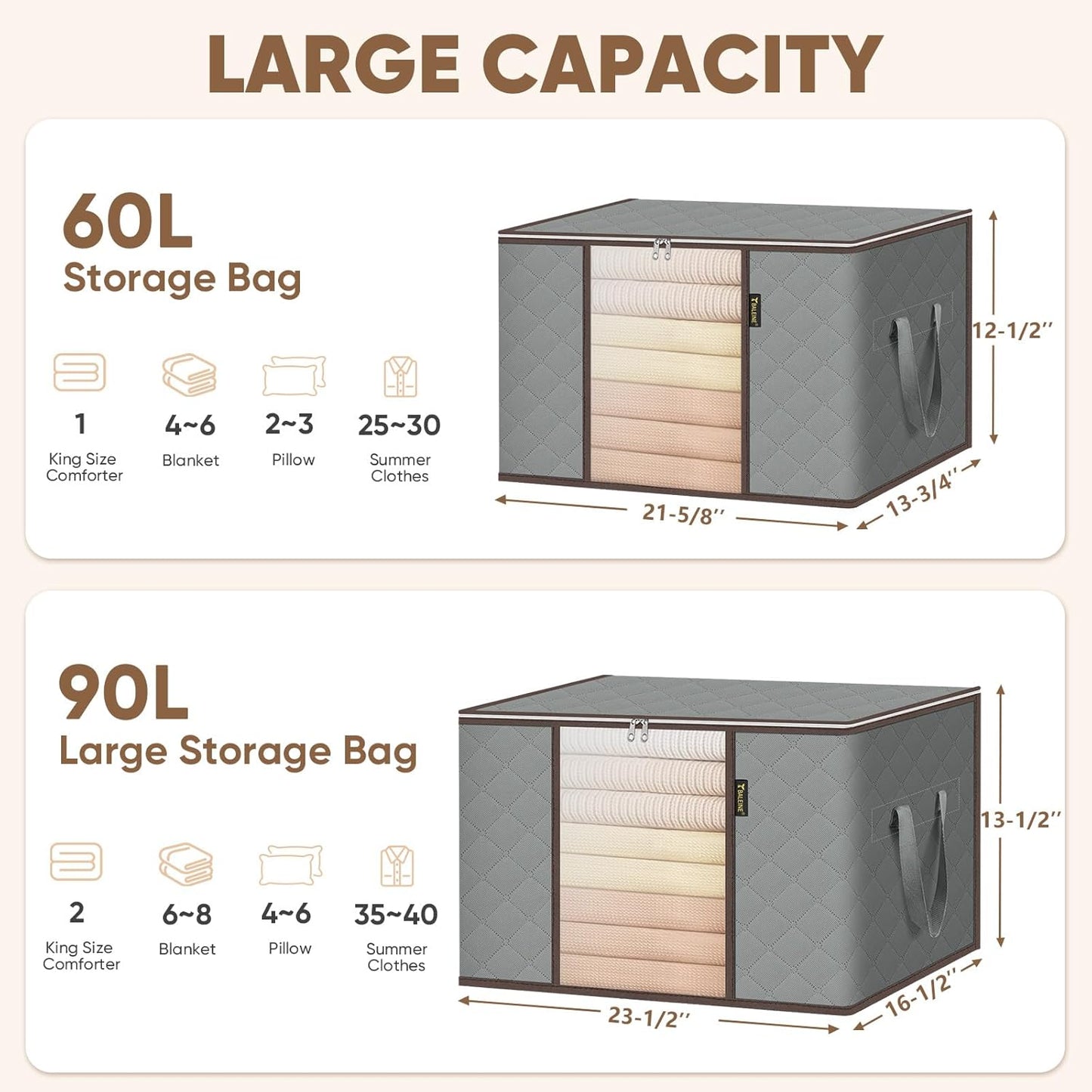 BALEINE 24 Gallon Clothes Storage Bags - Sturdy Zipper & Reinforced Handle | Closet Organizer for Bedding (Grey, 2 Pack)